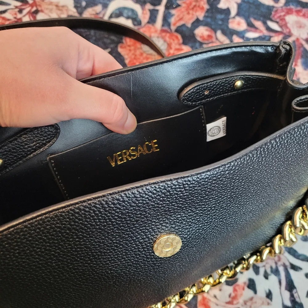 V Designer Satchel Bag Purse with Gold Medusa Head - Picture 4 of 9